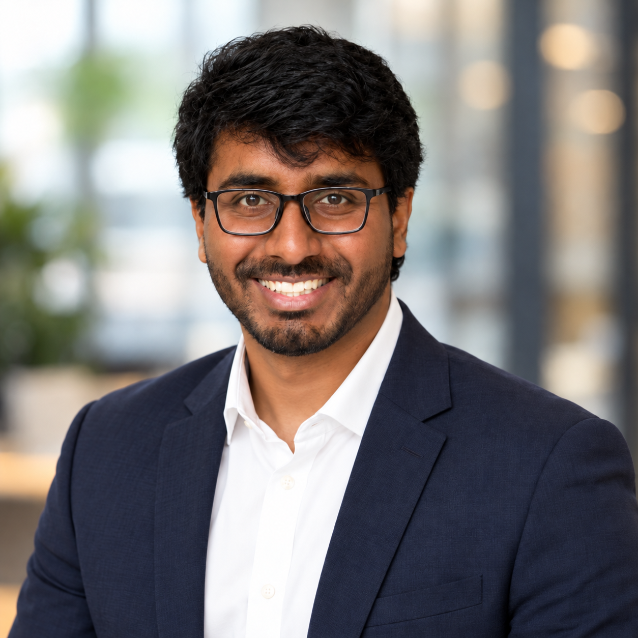 Akhil Chappidi smiling, wearing glasses, a navy suit, and a white shirt